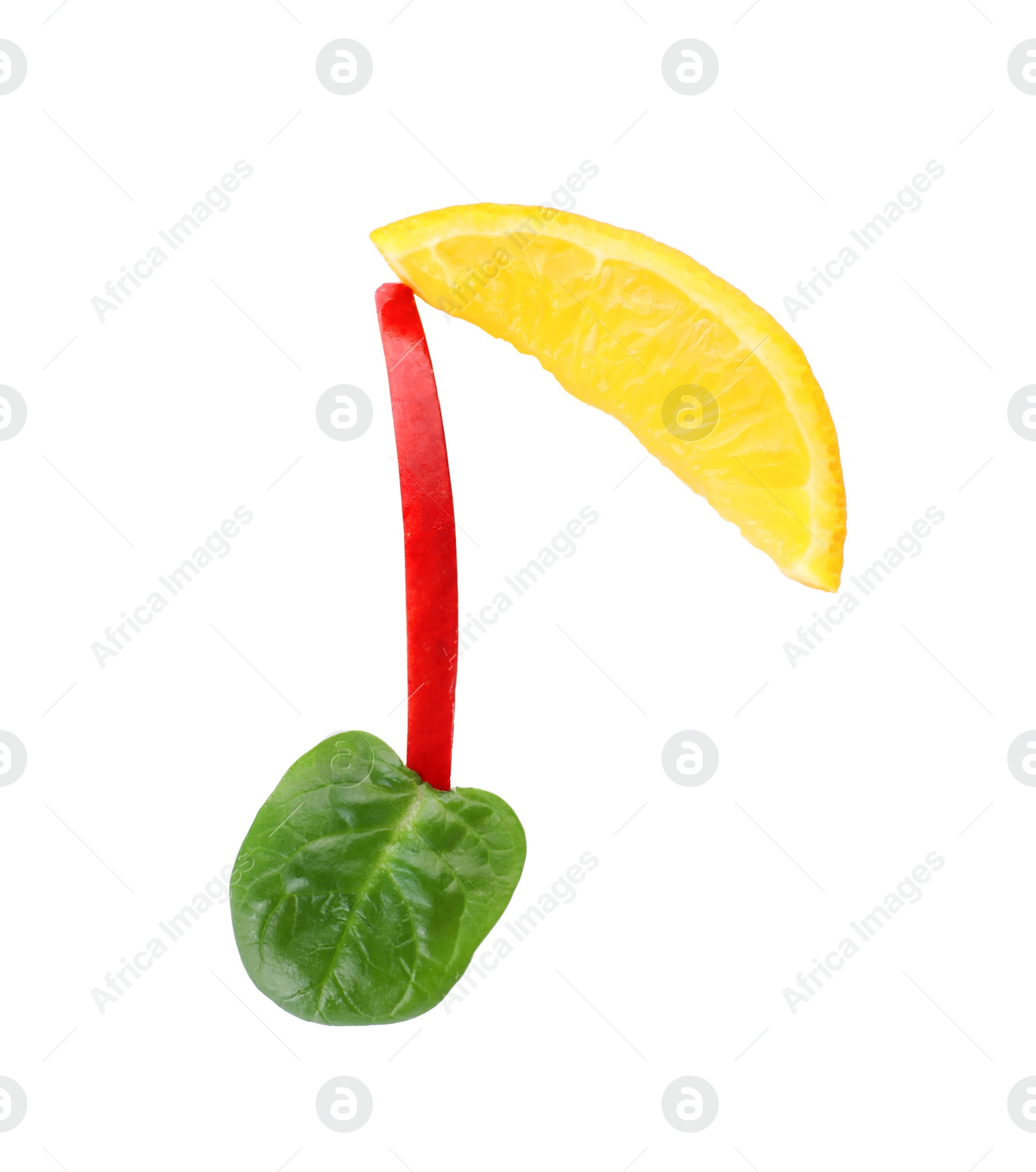 Photo of Musical note made of fruits and vegetables on white background, top view