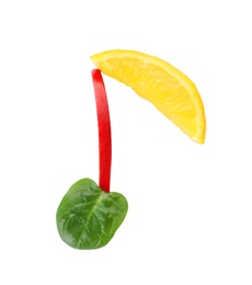 Photo of Musical note made of fruits and vegetables on white background, top view