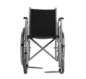 Photo of New modern empty wheelchair on white background