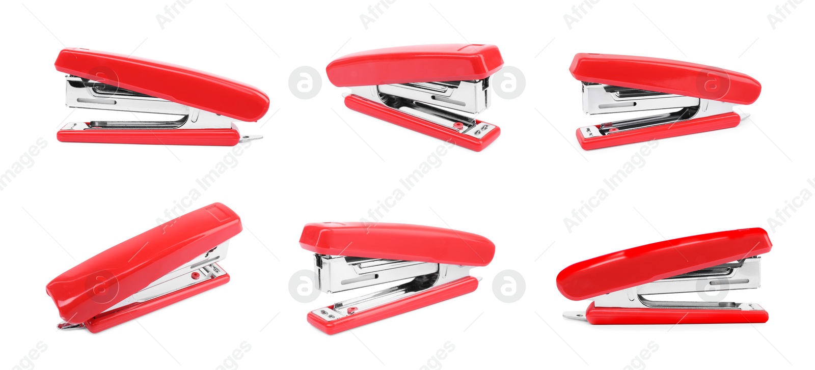 Image of Red stapler isolated on white, different sides