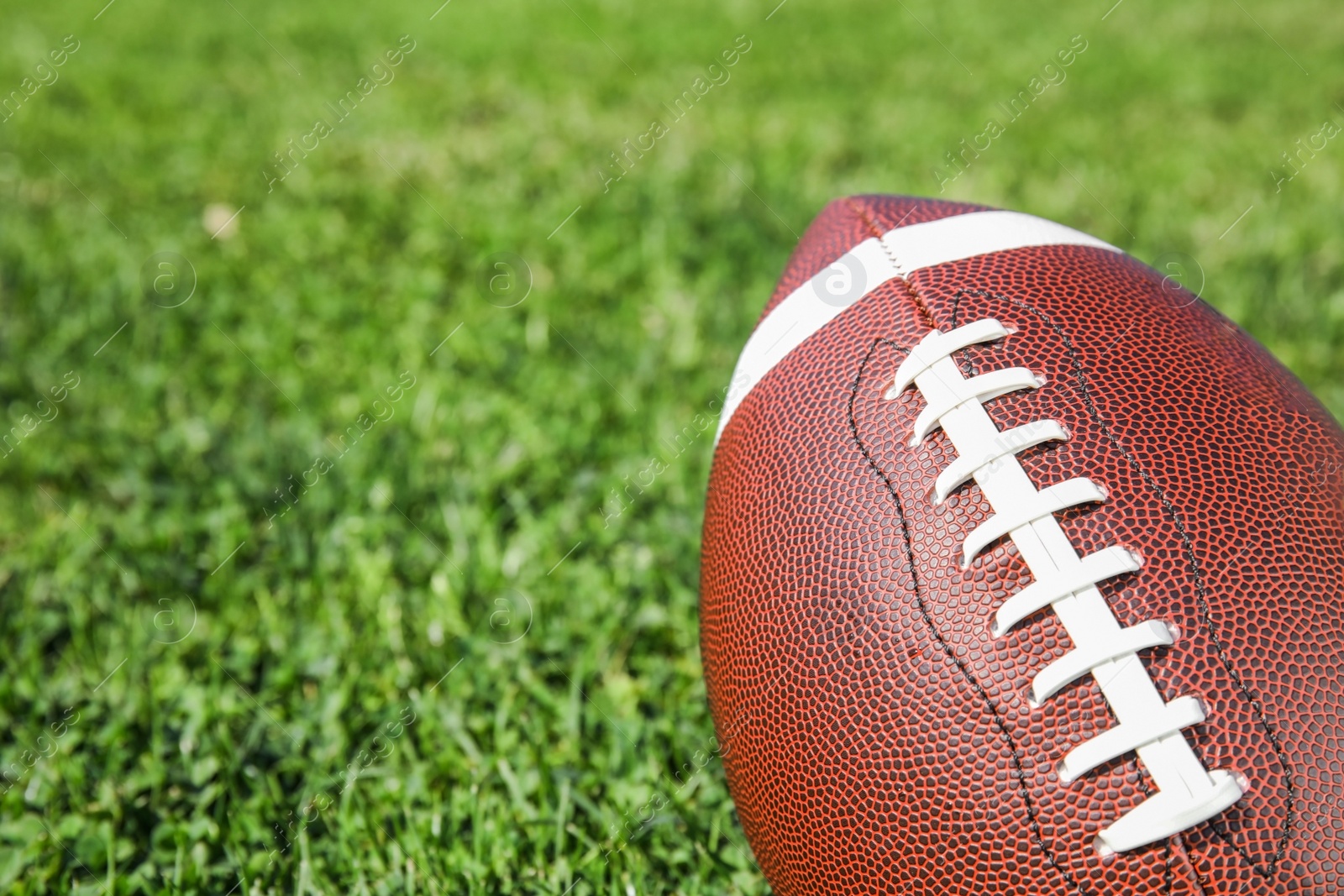 Photo of Ball for American football on fresh green field grass, closeup. Space for text