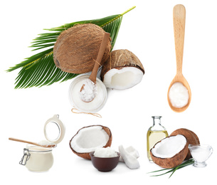 Image of Set of coconuts and organic cooking oil on white background