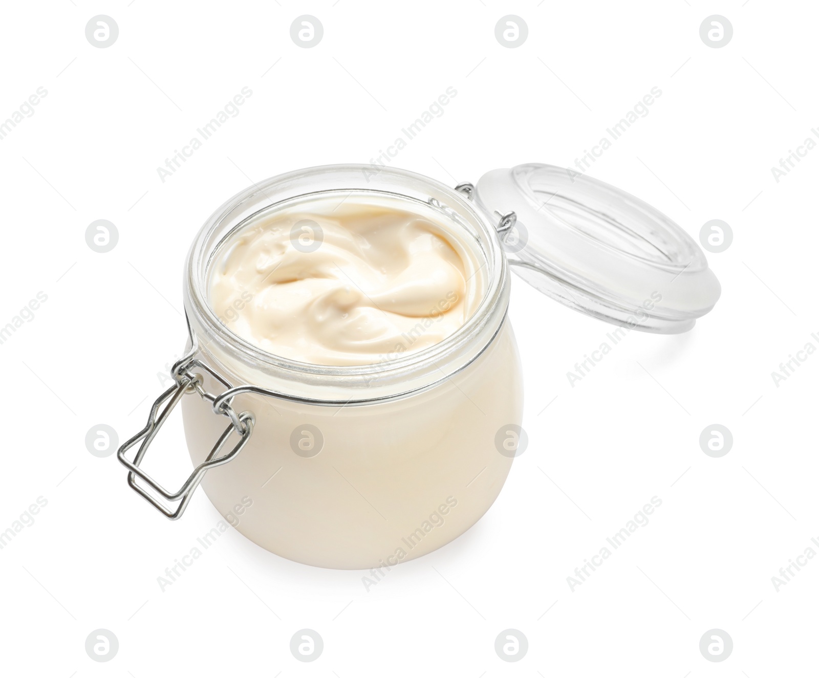 Photo of Mayonnaise in glass jar isolated on white