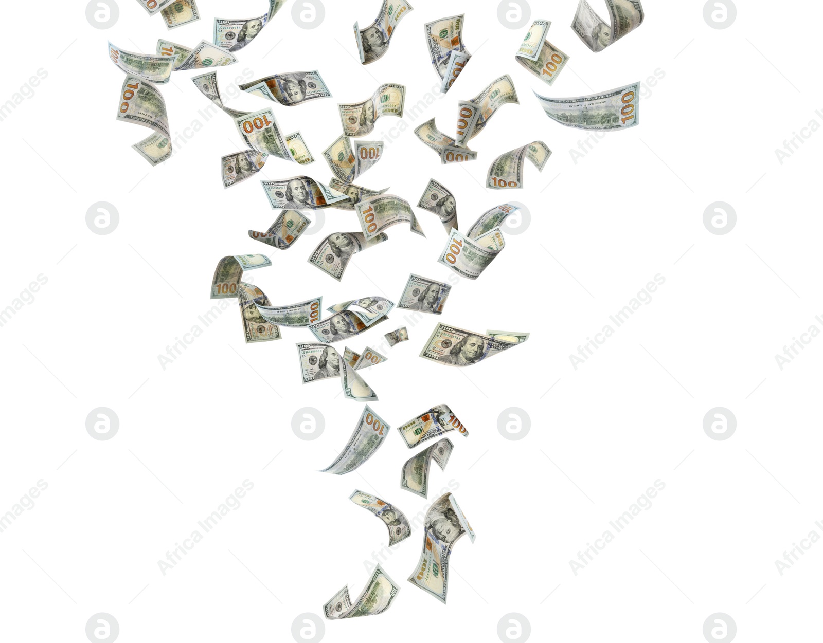 Image of Many American dollars on white background. Flying money