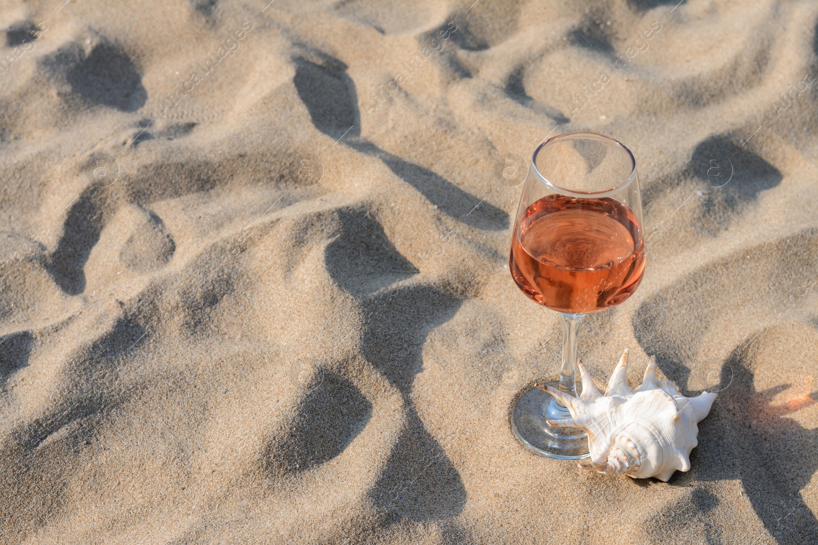 Photo of Glass of tasty rose wine and seashell on sand, space for text