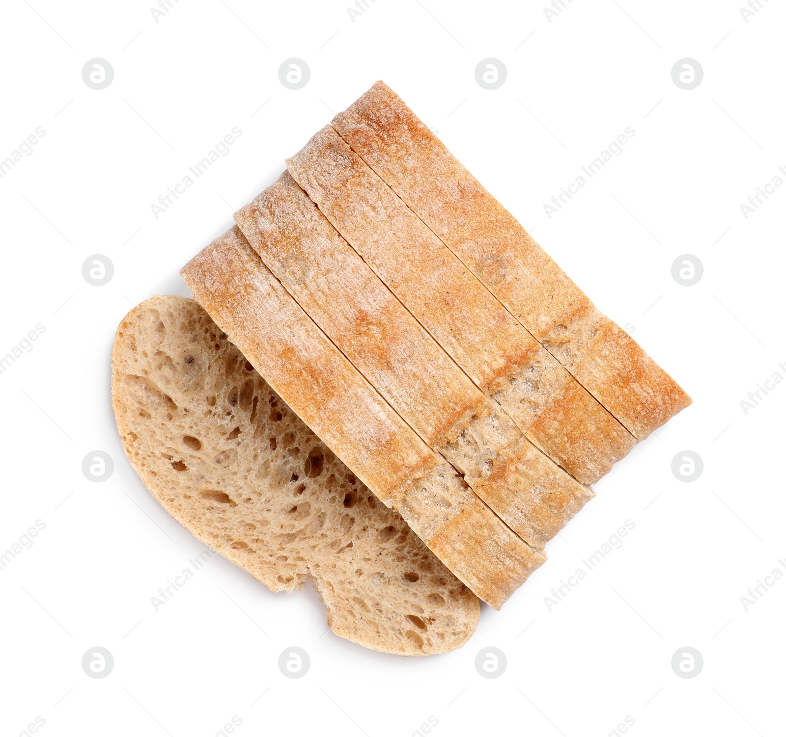 Photo of Cut ciabatta on white background, top view. Delicious bread