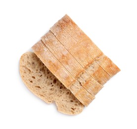 Cut ciabatta on white background, top view. Delicious bread