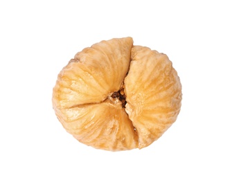 Photo of Delicious dried fig on white background, top view. Organic snack