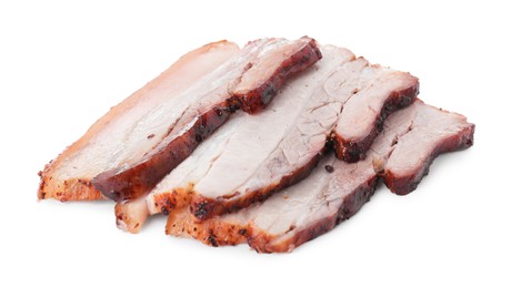 Slices of tasty baked pork belly isolated on white