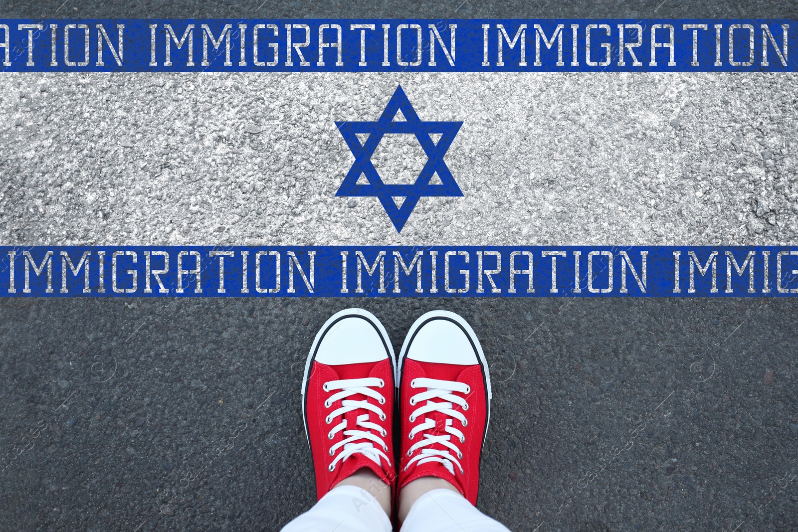 Image of Immigration. Woman standing on asphalt near flag of Israel, top view