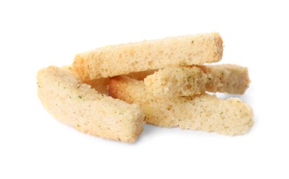 Photo of Heap of crispy rusks with seasoning on white background