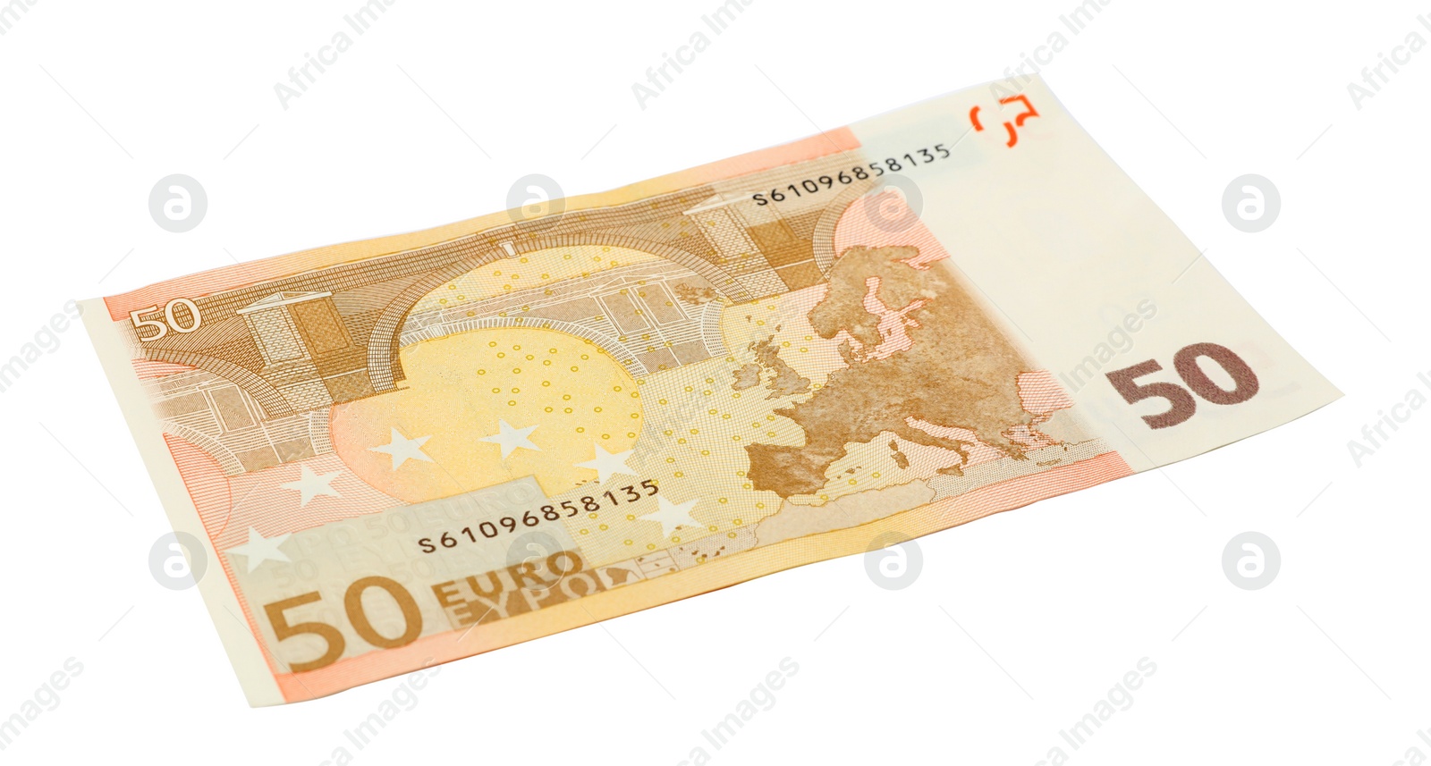 Photo of Fifty Euro banknote lying on white background