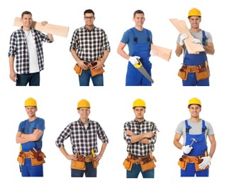Collage with photos of carpenters on white background