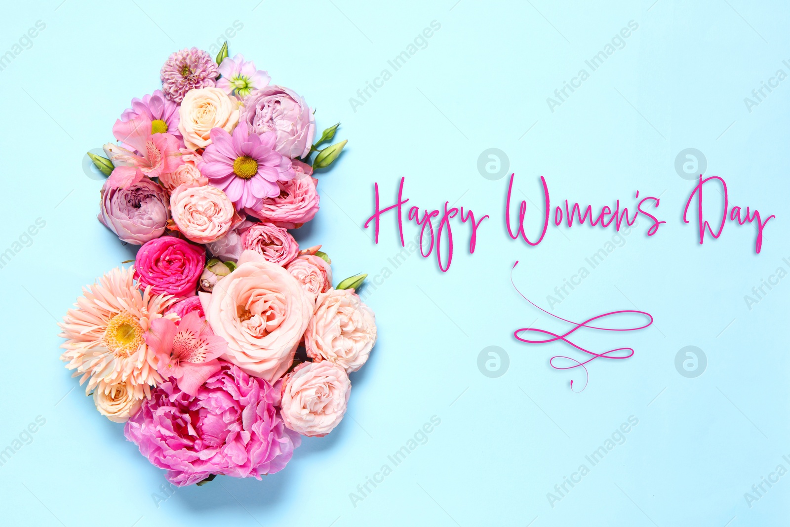 Image of 8 March - Happy International Women's Day. Greeting card design with different flowers on light blue background, top view