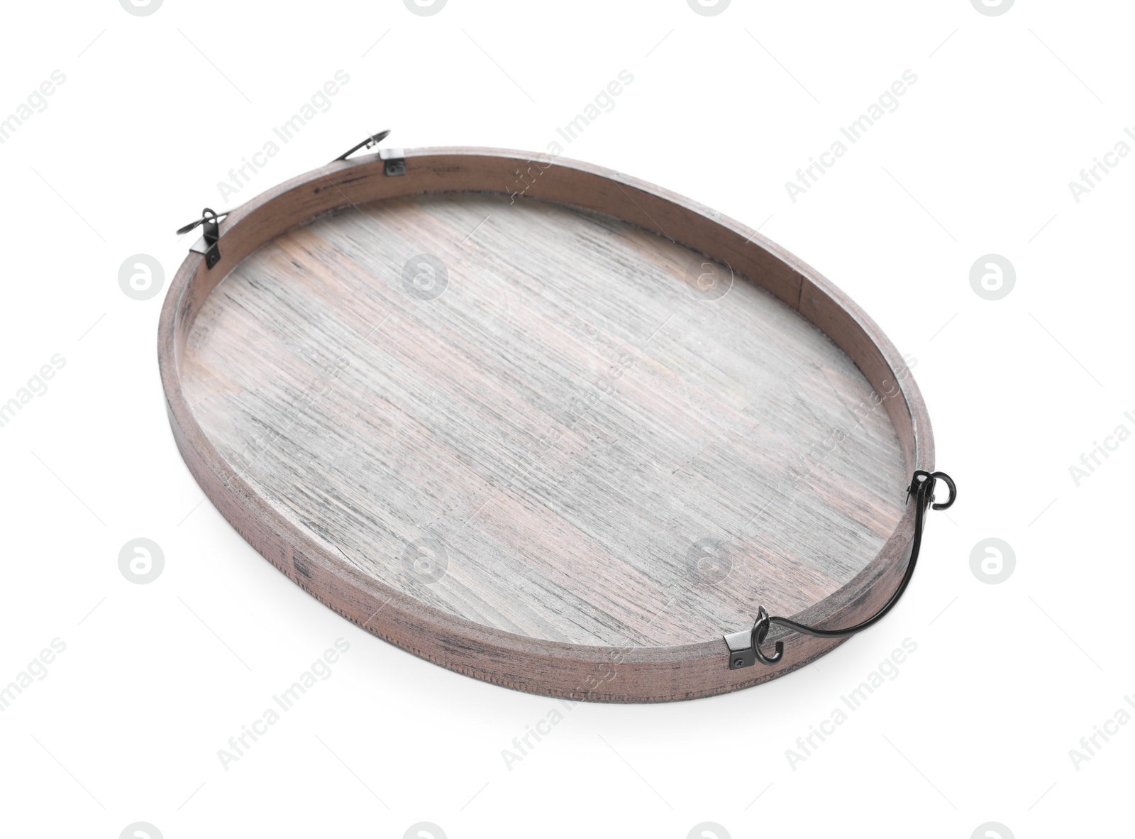 Photo of One empty wooden tray isolated on white