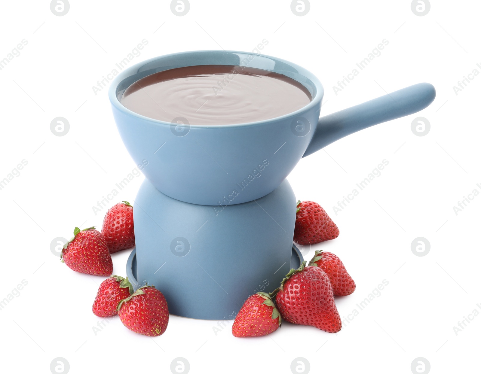 Photo of Fondue pot with chocolate and fresh strawberries isolated on white