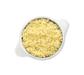 Photo of Bowl of tasty couscous on white background, top view