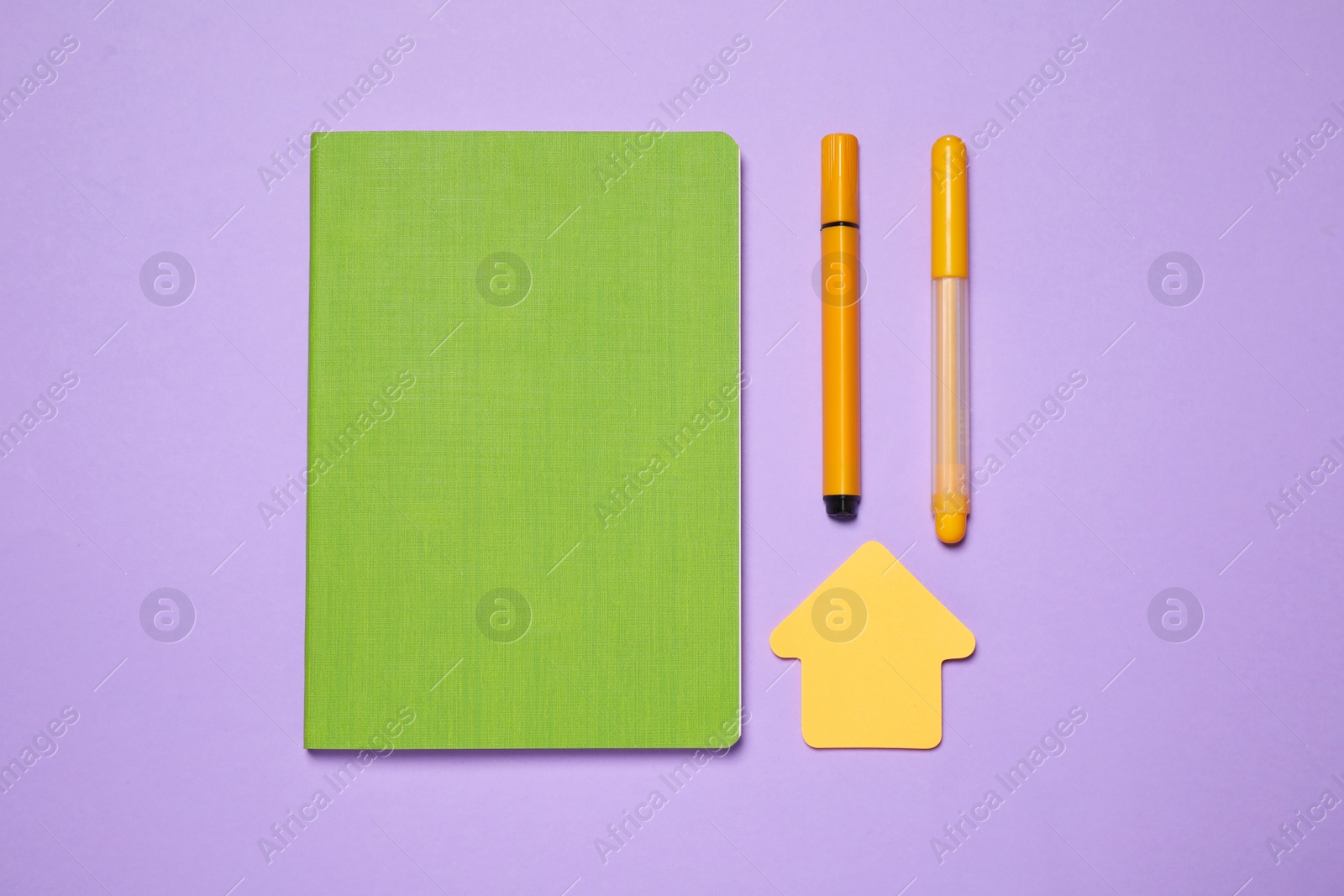 Photo of Different school stationery on violet background, flat lay