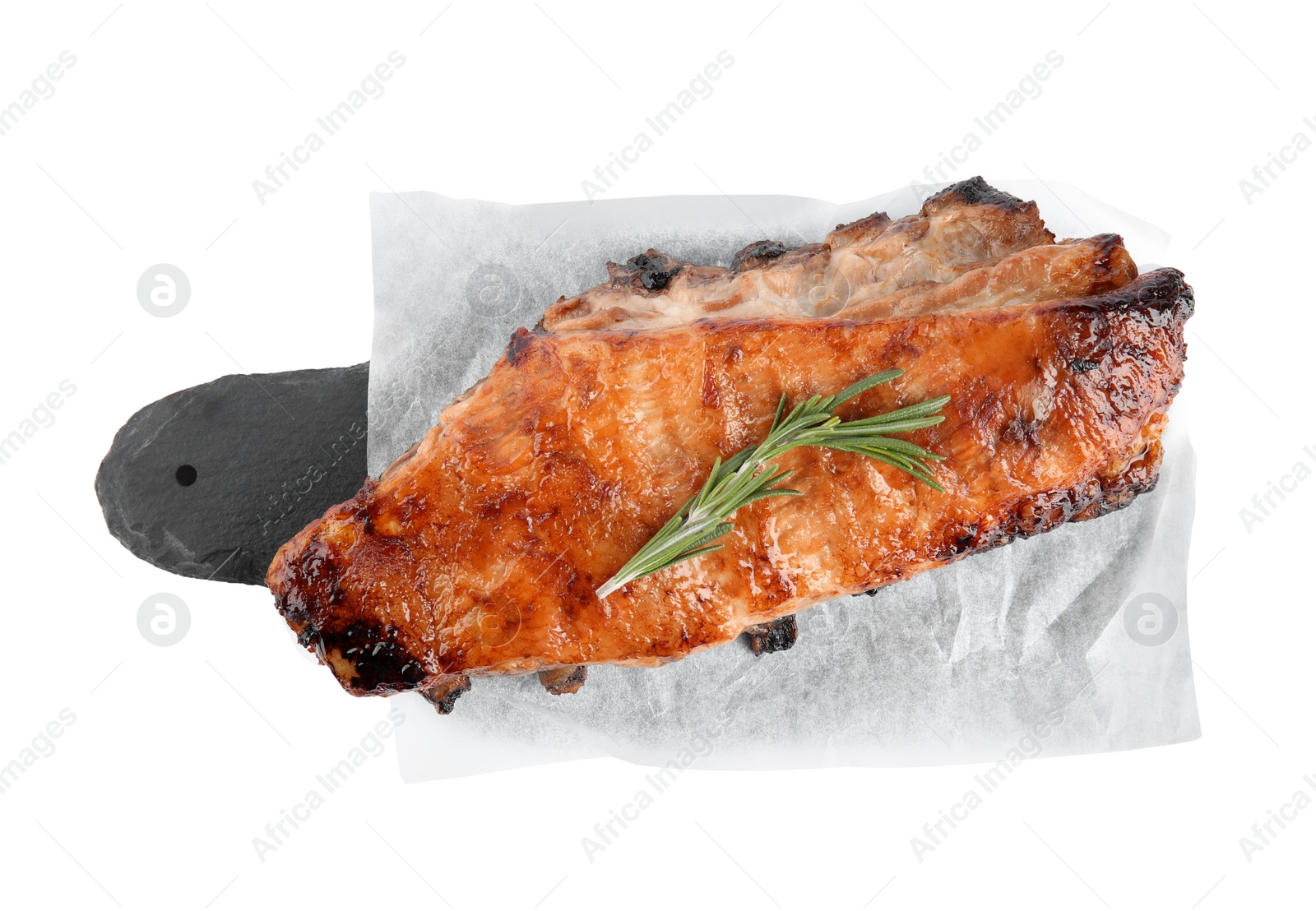 Photo of Tasty grilled ribs with rosemary isolated on white, top view