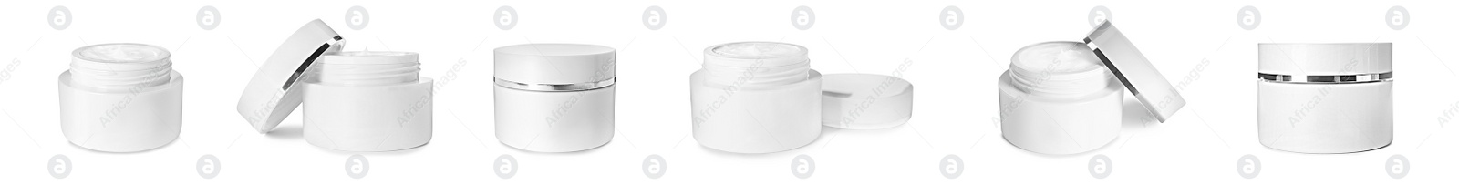 Image of Set of jars with facial cream on white background. Banner design 
