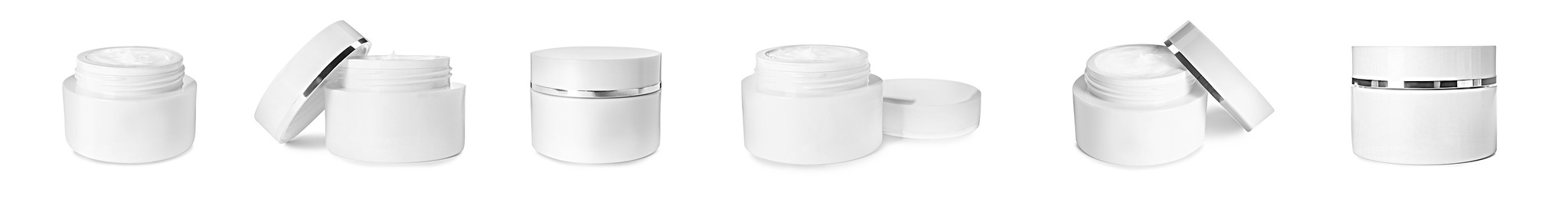 Image of Set of jars with facial cream on white background. Banner design 