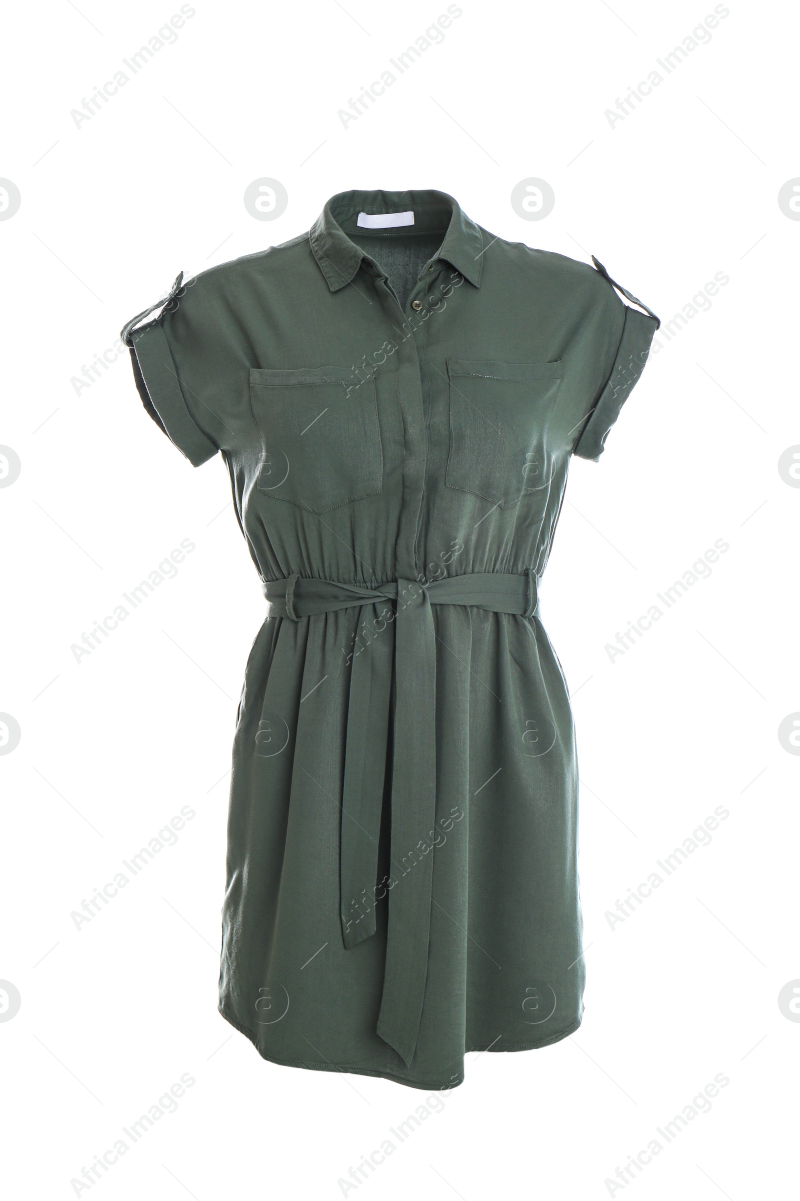 Photo of Elegant green dress on mannequin against white background. Women's clothes