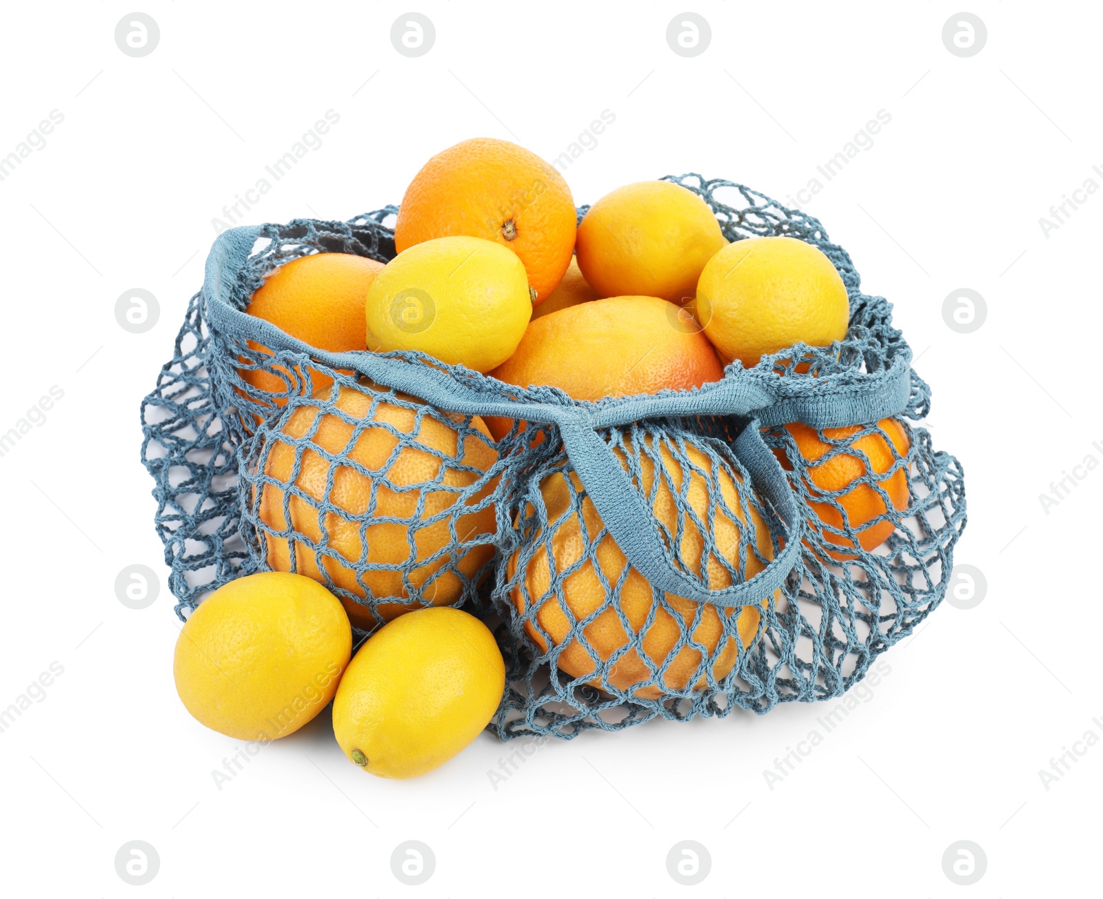 Photo of String bag with oranges and lemons isolated on white