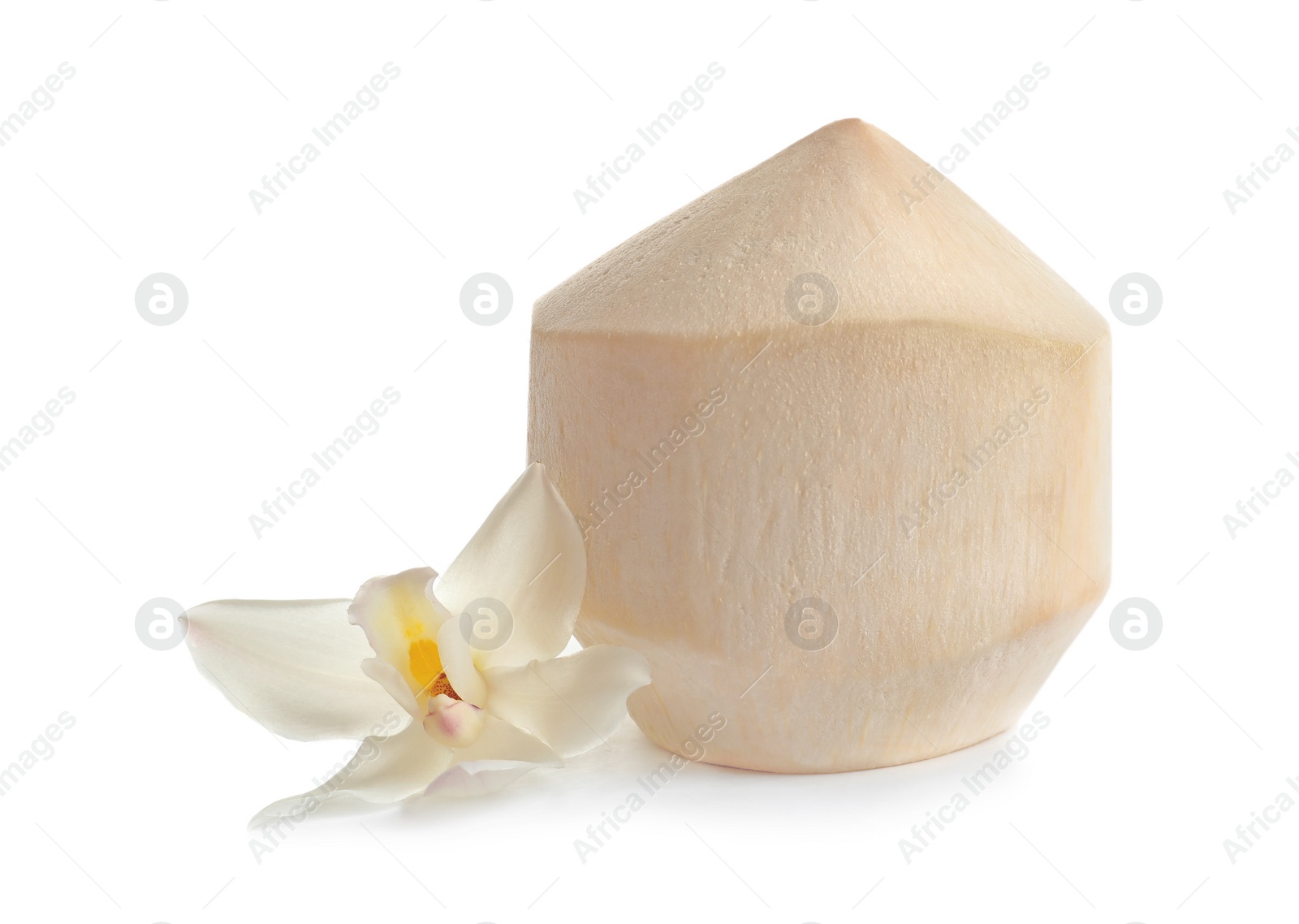 Photo of Fresh peeled coconut and flower on white background