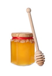 Tasty honey in glass jar and dipper isolated on white