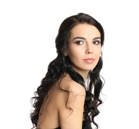 Photo of Portrait of beautiful woman with long hair on white background