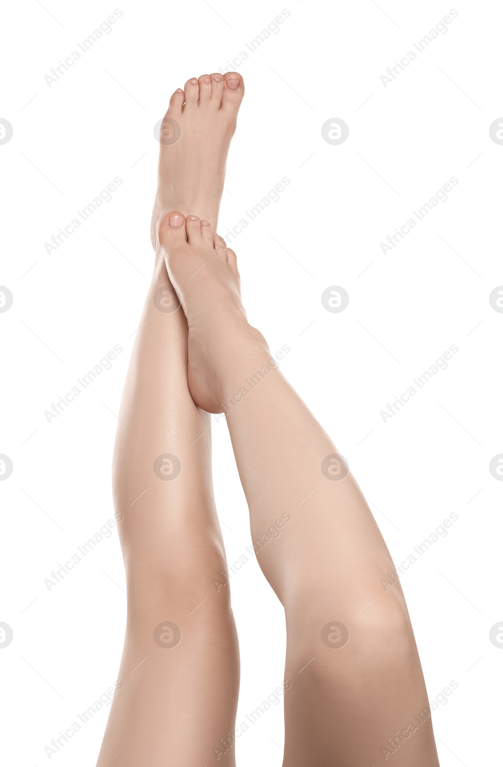 Photo of Woman with beautiful legs isolated on white, closeup