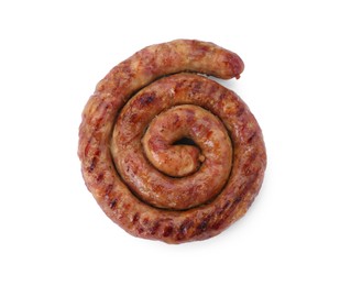 Photo of One ring of delicious homemade sausage isolated on white, top view