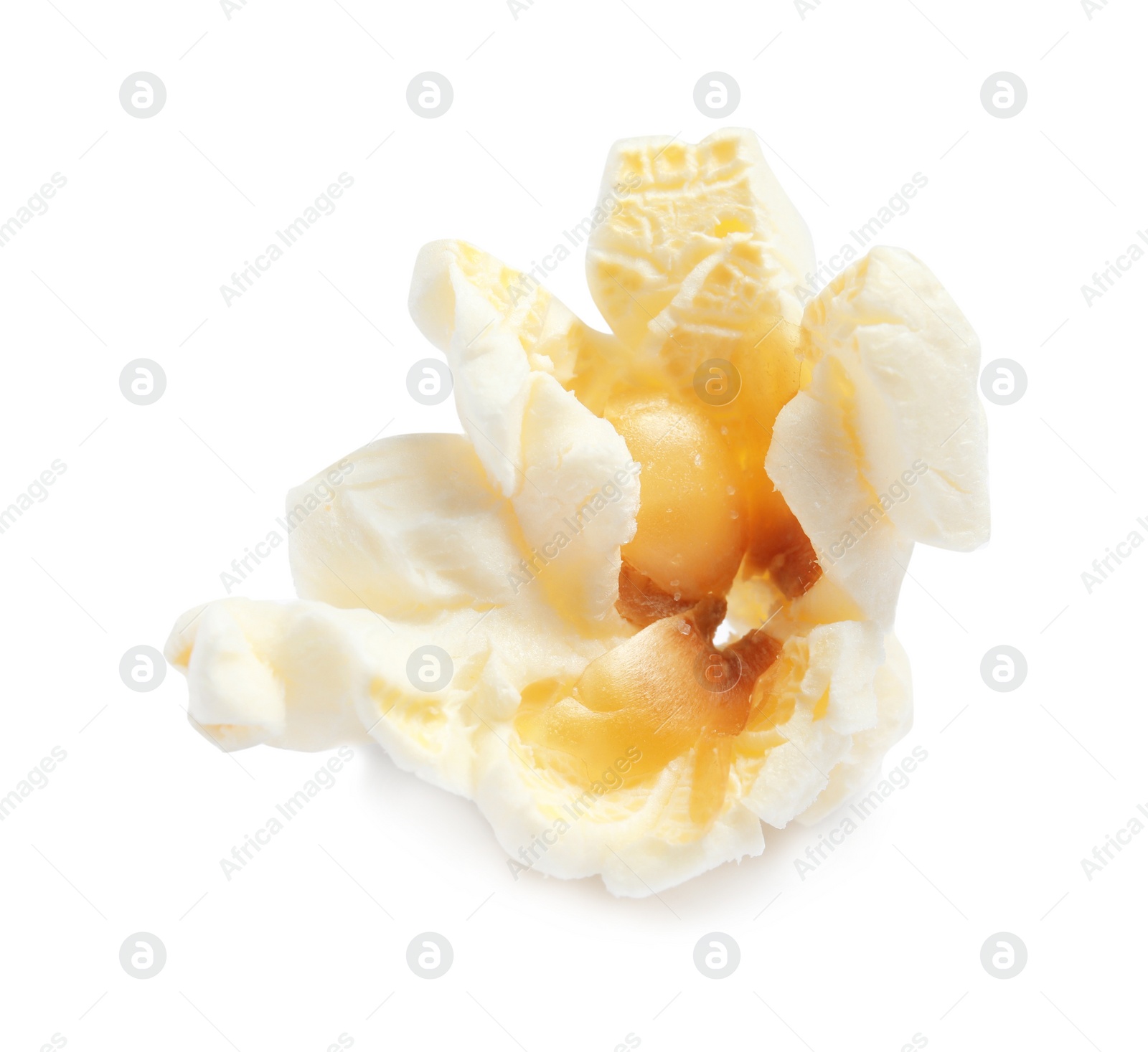 Photo of Delicious salty popcorn on white background