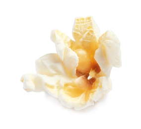 Delicious salty popcorn on white background