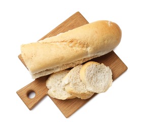 Photo of Pieces of fresh baguette isolated on white, top view