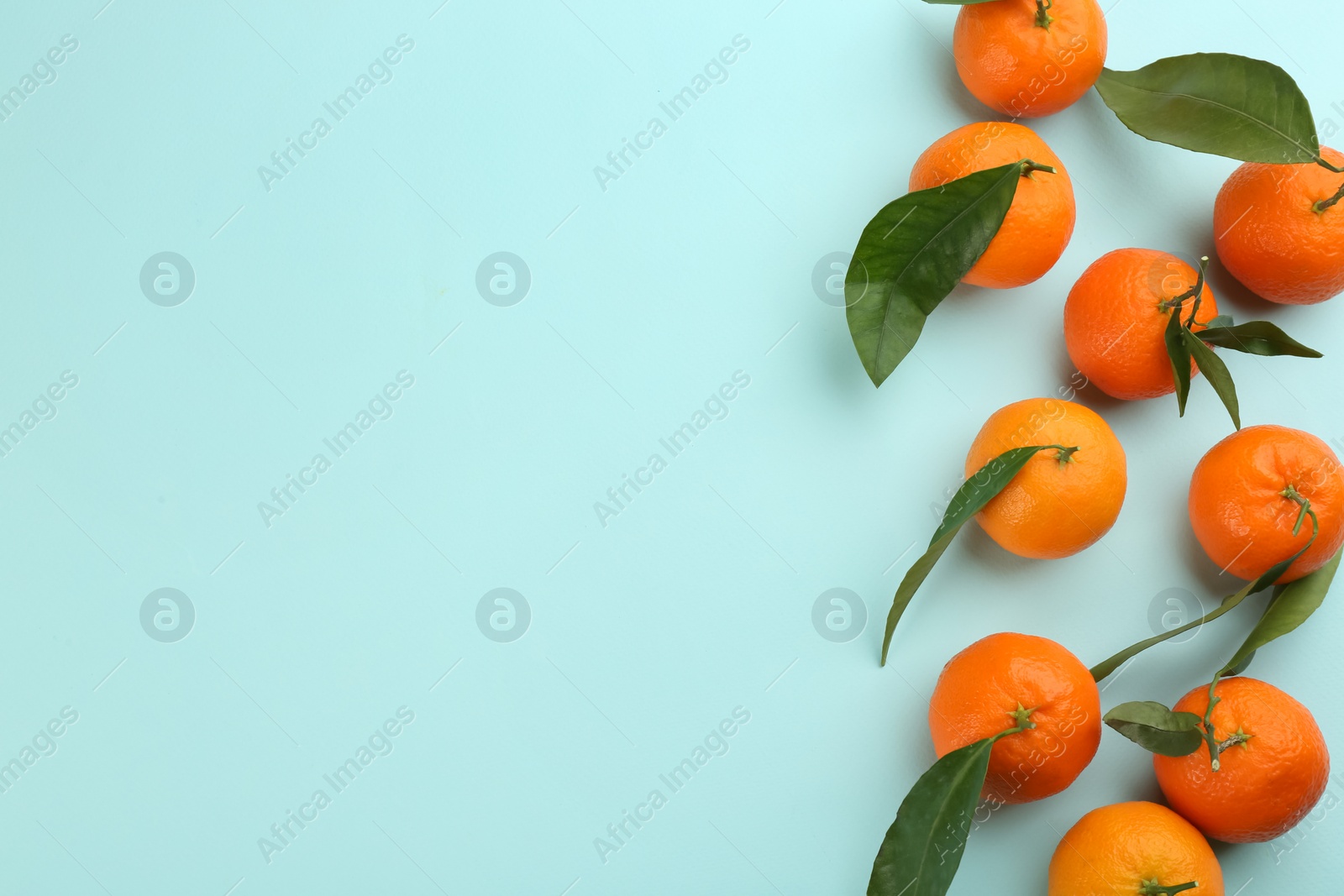 Photo of Fresh tangerines with green leaves on light blue background, flat lay. Space for text