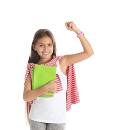 Emotional preteen girl with notebooks against white background