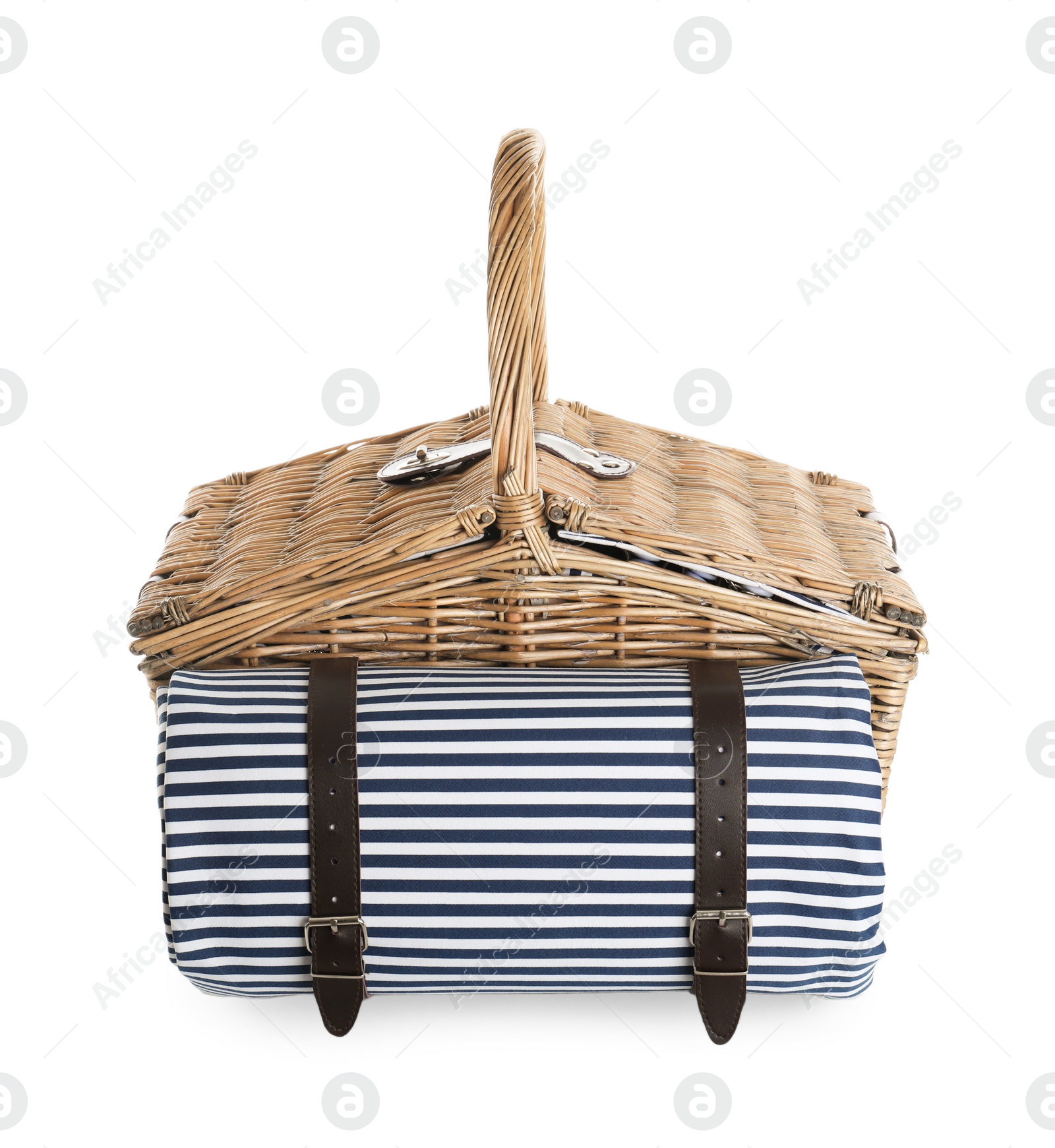 Photo of Closed wicker picnic basket with blanket on white background