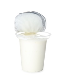 Plastic cup with creamy yogurt on white background