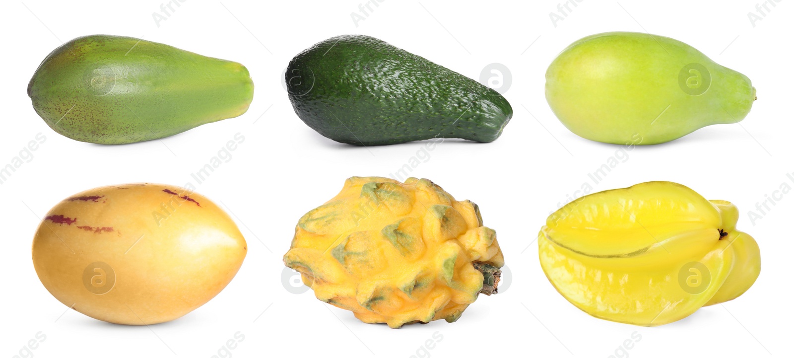 Image of Set with different delicious exotic fruits on white background. Banner design