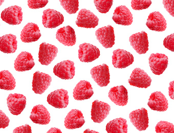 Collage with fresh ripe raspberries on white background. Pattern design