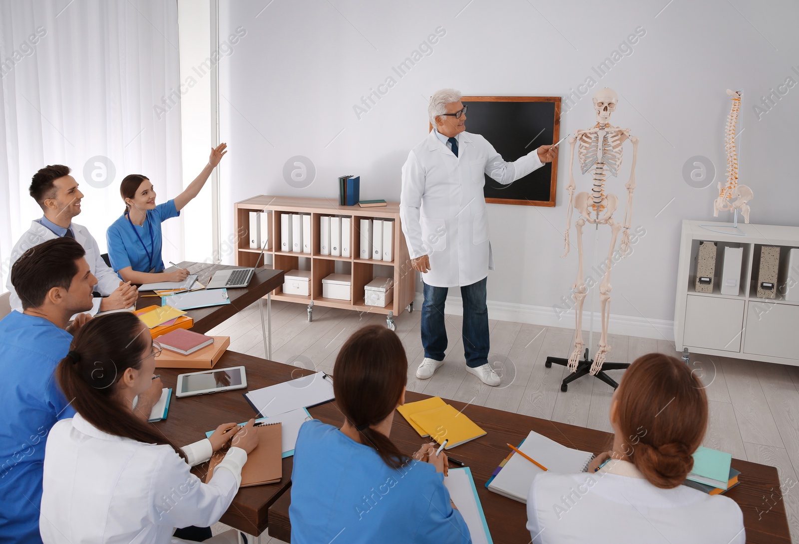 Photo of Medical students and professor studying human skeleton anatomy in classroom