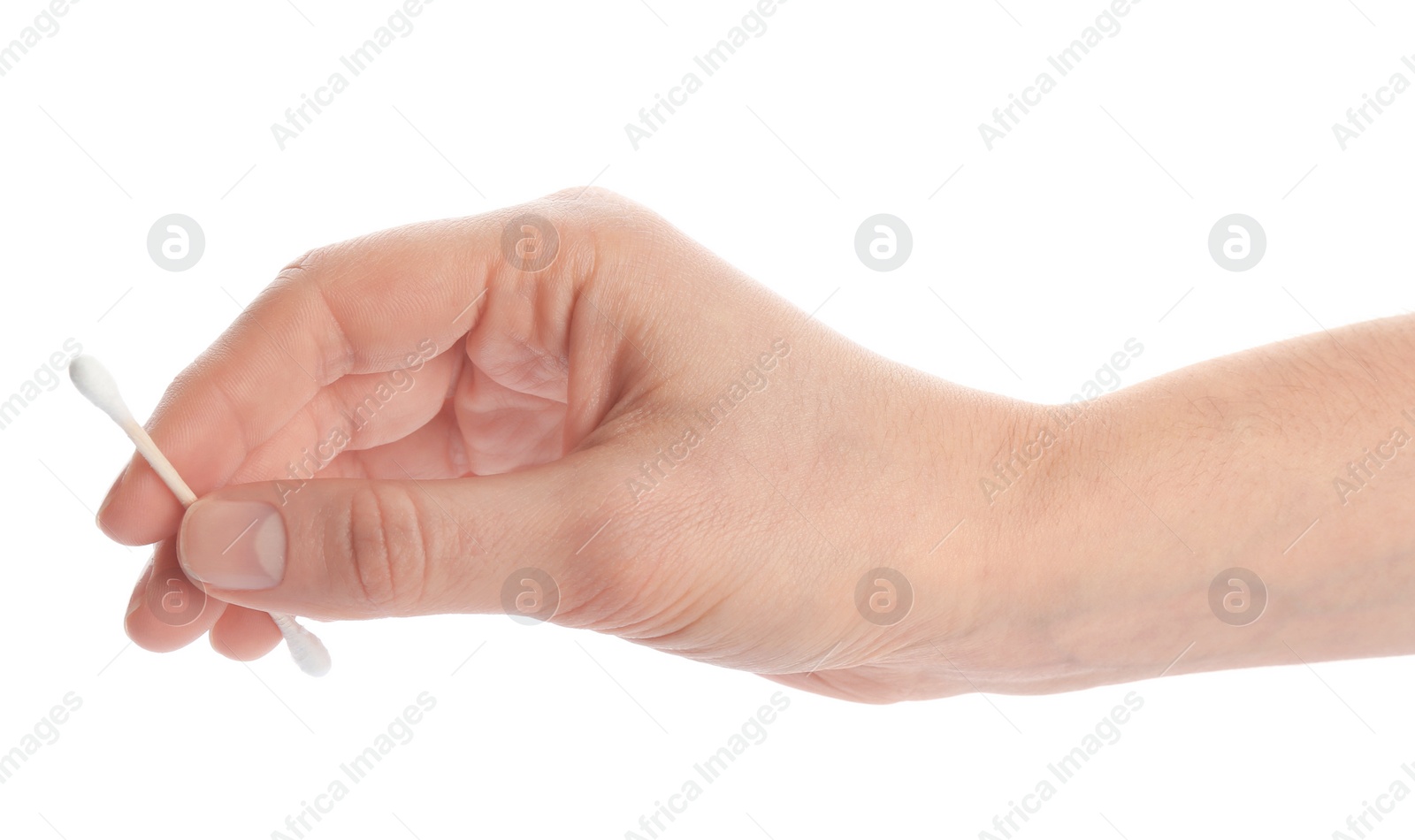 Photo of Woman holding cotton swab on white background, closeup