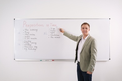 Photo of English teacher giving lesson on prepositions of time near whiteboard in classroom
