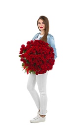 Full length portrait of beautiful woman with bouquet of roses on white background