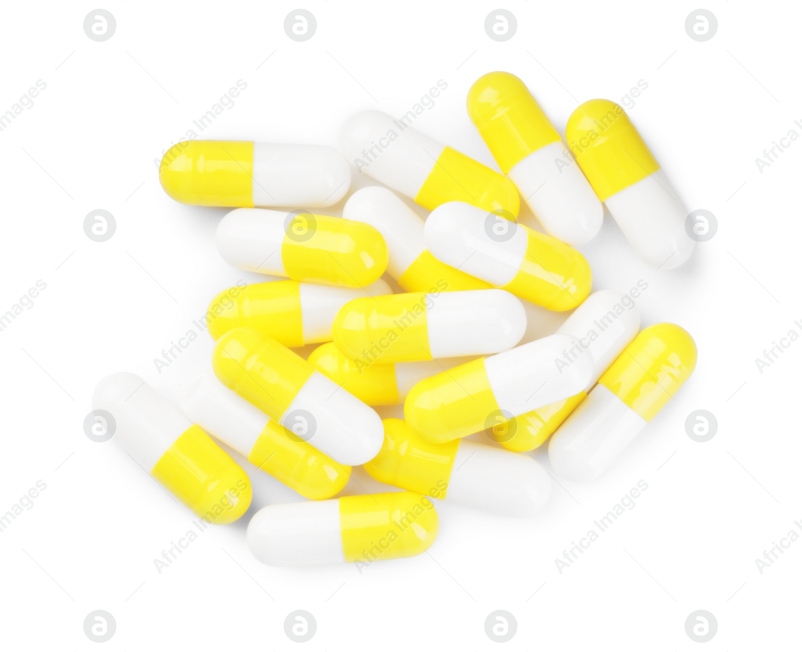 Photo of Many antibiotic pills isolated on white, top view