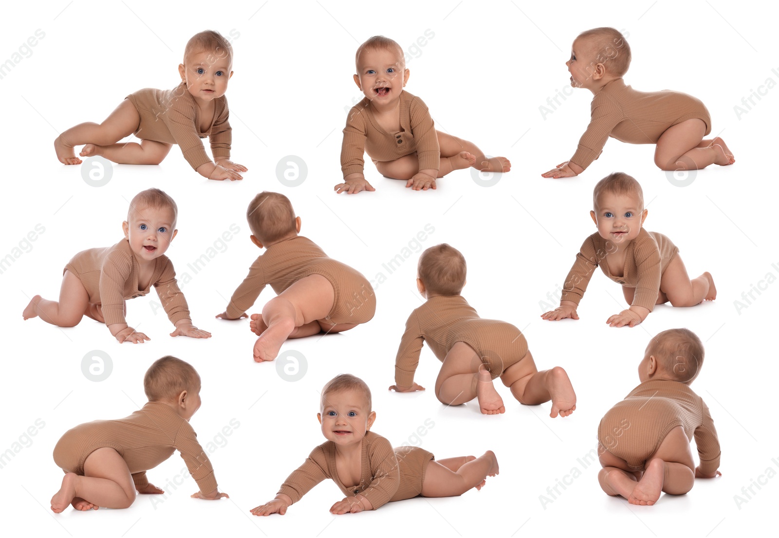 Image of Collage with photos cute little baby crawling on white background