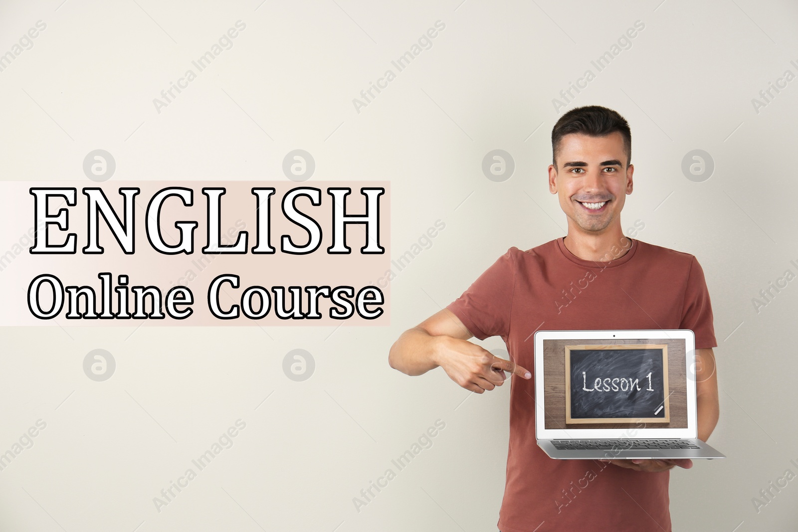 Image of Young teacher with laptop on light background. Online English course