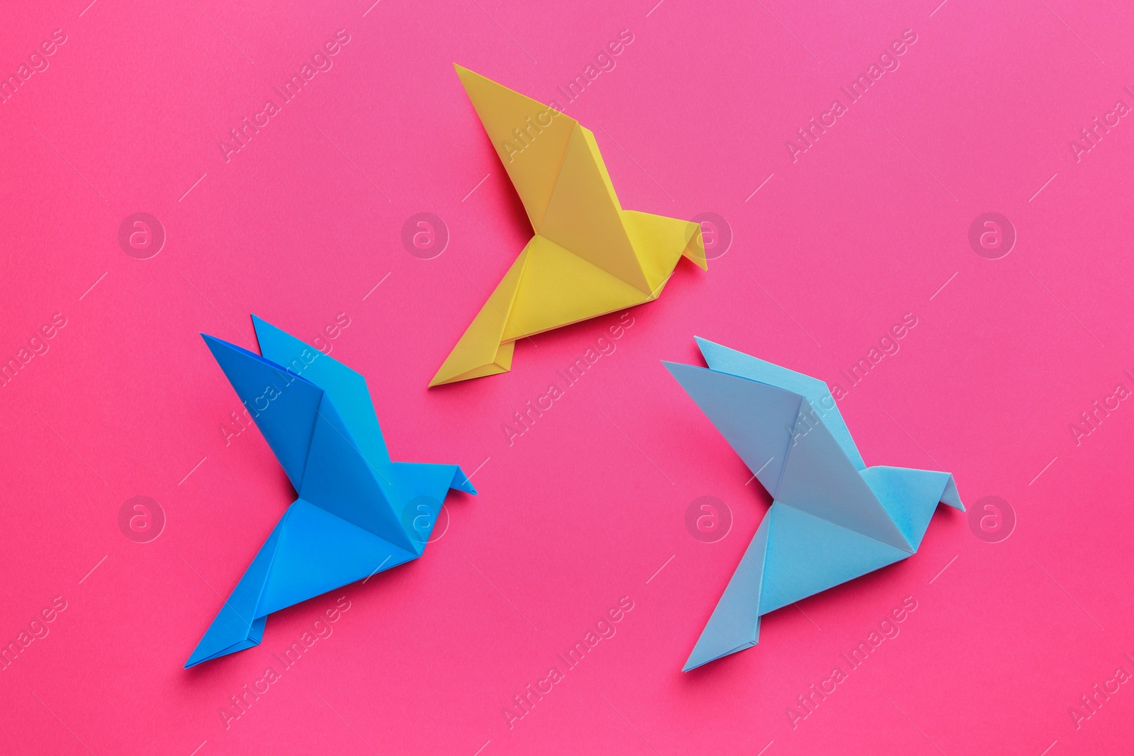 Photo of Beautiful colorful origami birds on pink background, flat lay