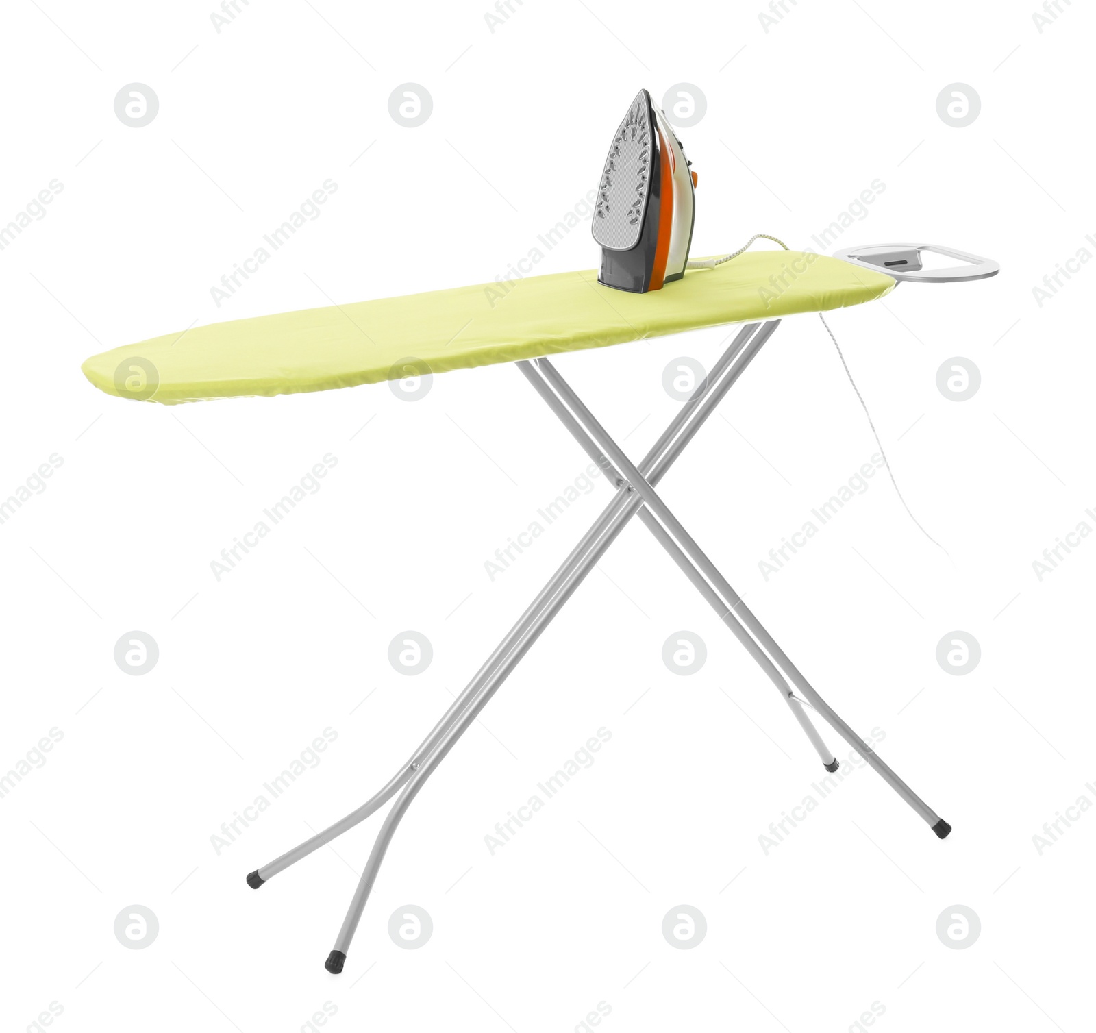 Photo of Board with modern iron on white background